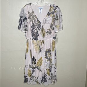 ELIE & EMIE Blush & Yellow Botanical Print Floral Tiered Puff Sleeve Dress NWT